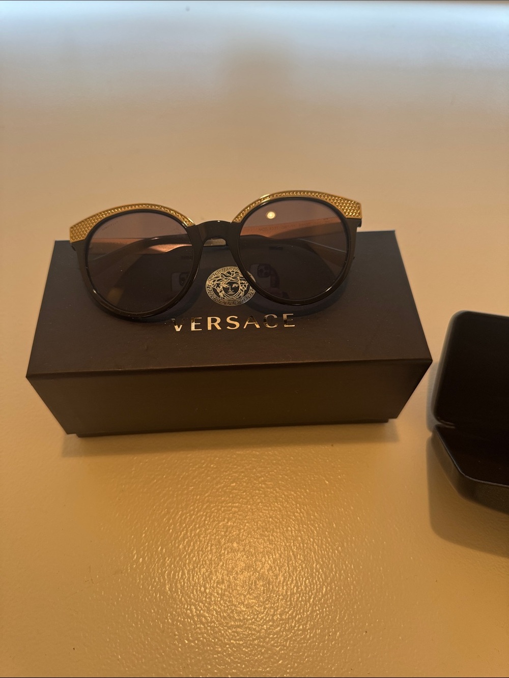 Versace Black & Gold Round Frame Sunglasses With Original Hard Case